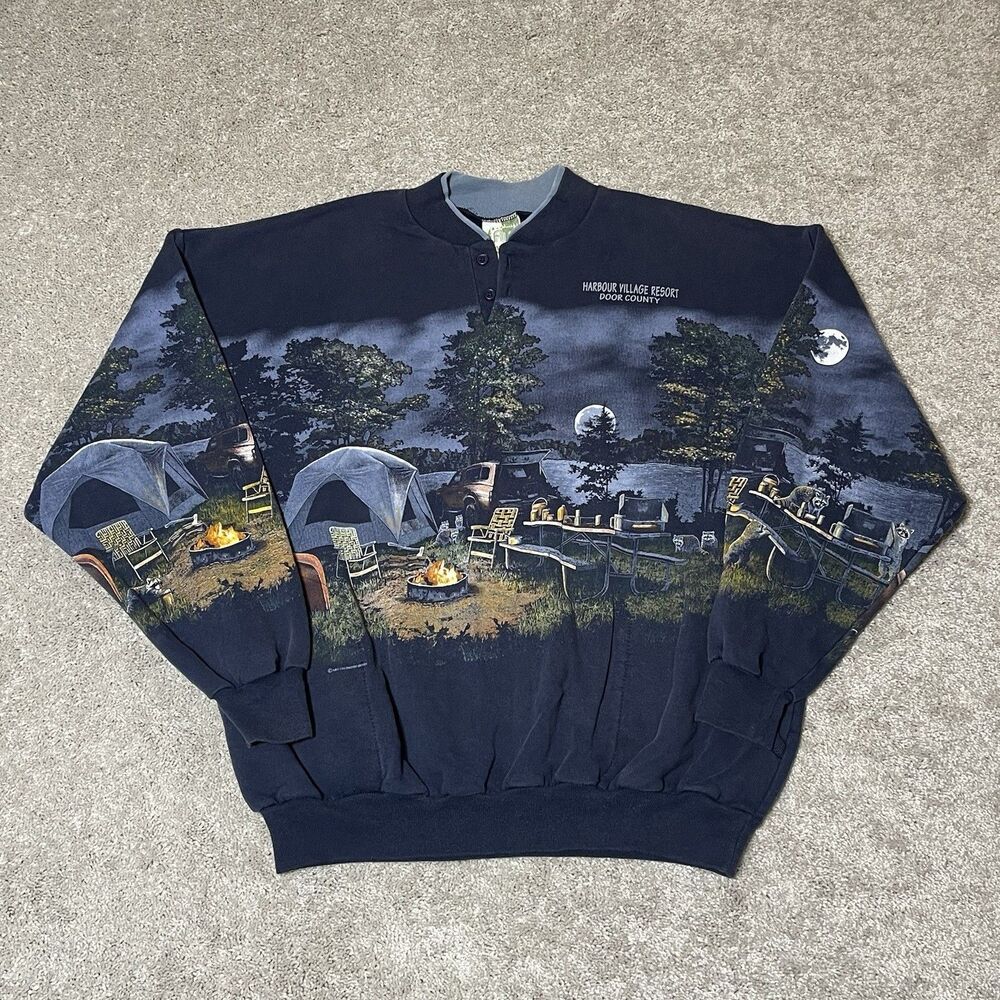 Vintage Art Unlimited All Over Print Camping Nature Henley Sweatshirt Size XL